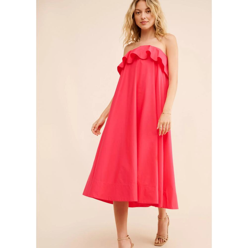 NWT Anthropologie Strapless Flounce A-Line Midi Dress Pink Rose Size XS